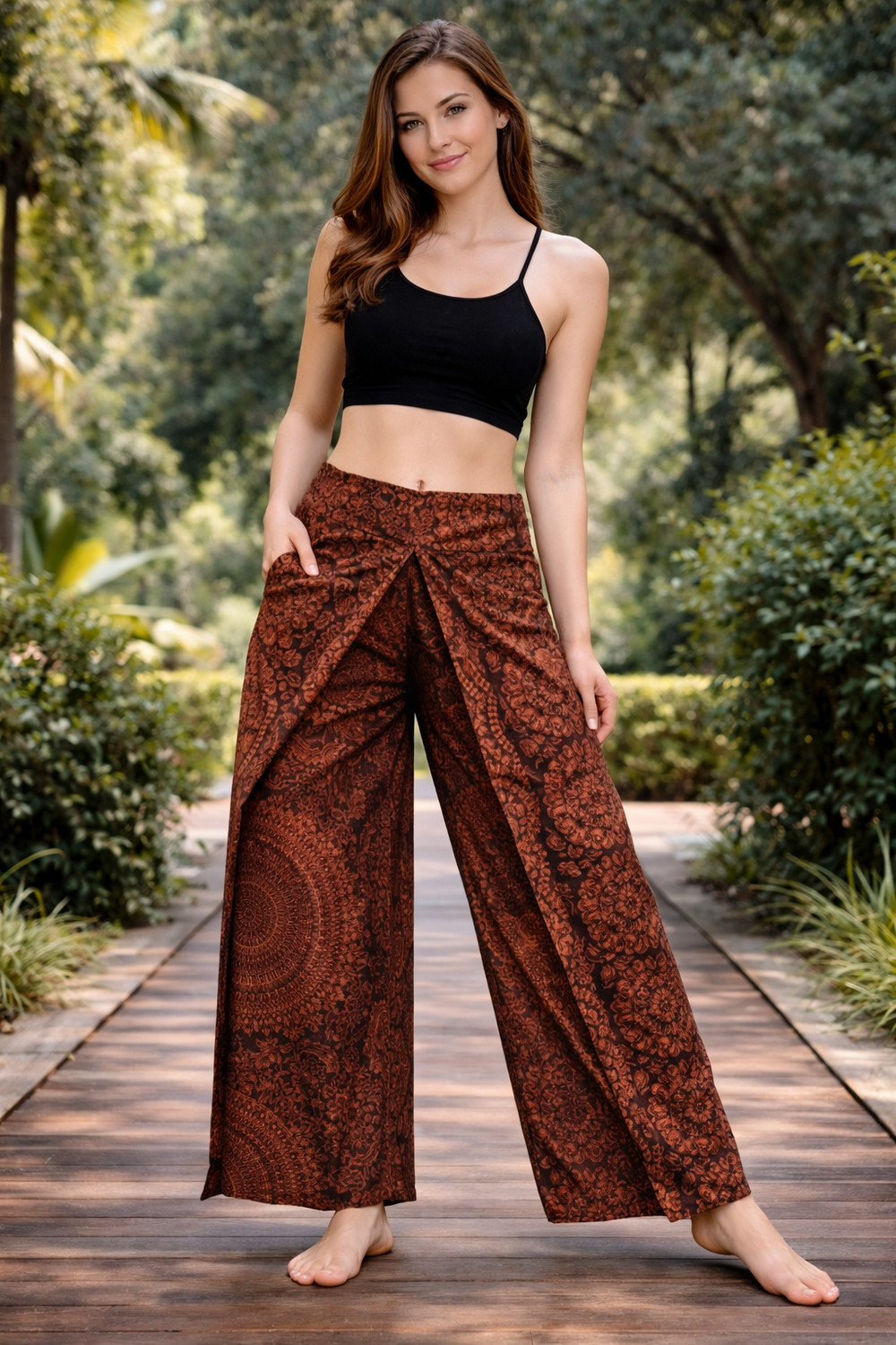 Bohotusk Brown Night Glow Print Womens Palazzo Pants Small - Medium (UK 8 - 12)