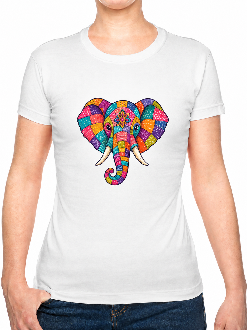 Bohotusk Patchwork Elephant Print Cotton Mens T-Shirt S - 3XL