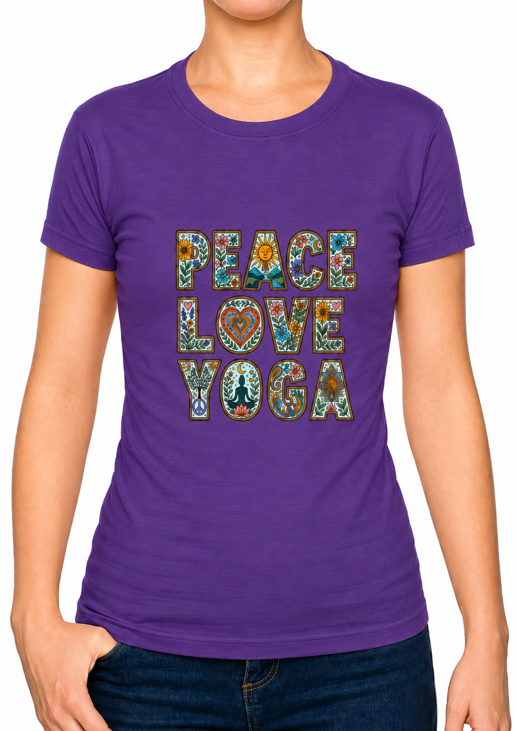 Boho Peace Love Yoga Ladies T-Shirt XS - 2XL (UK 8 - 18) - available in 7 colours