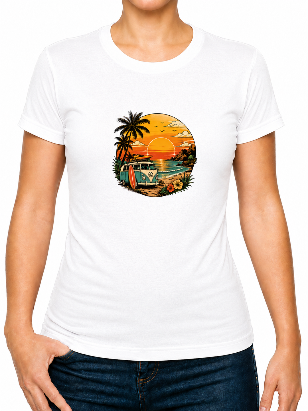 Boho Sunset Camper Van Ladies T-Shirt XS - 2XL (UK 8 - 18) - available in 7 colours