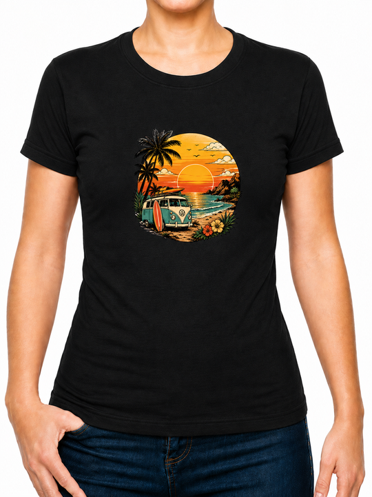 Boho Sunset Camper Van Ladies T-Shirt XS - 2XL (UK 8 - 18) - available in 7 colours