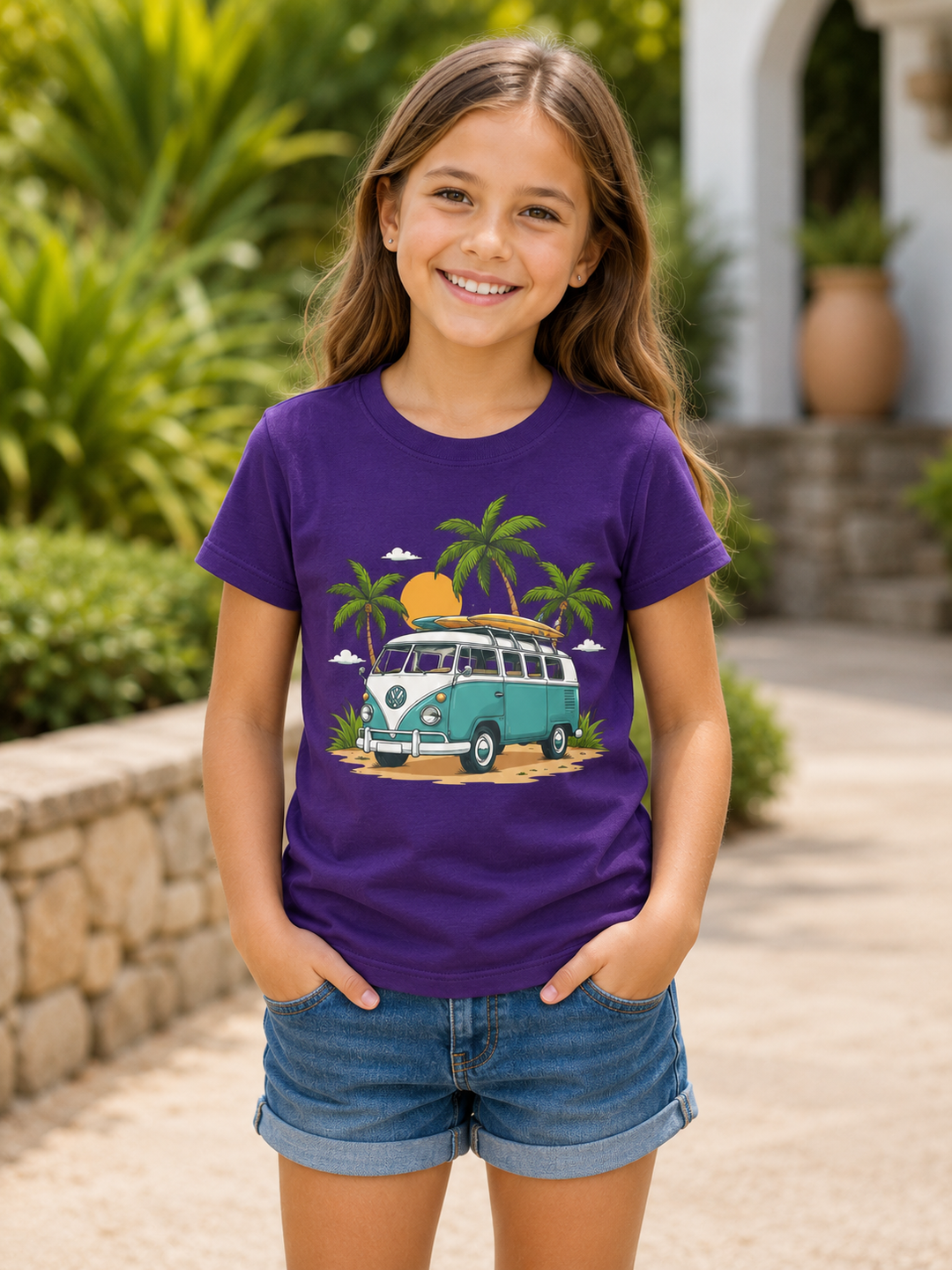 Bohotusk Camper Van Palms Cotton Kids T-Shirt 3 to 13 Years (7 Colours)