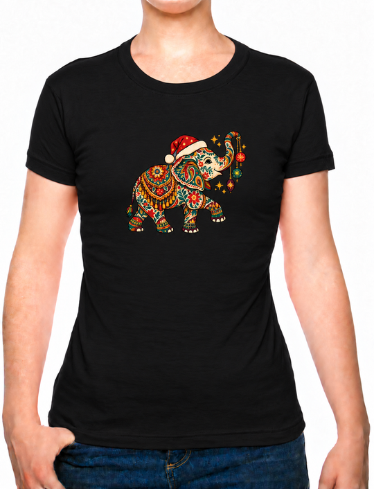 Bohotusk Christmas Elephant & Baubles Cotton Ladies T-Shirt XS - 2XL (UK 8 - 18) available in 7 colours