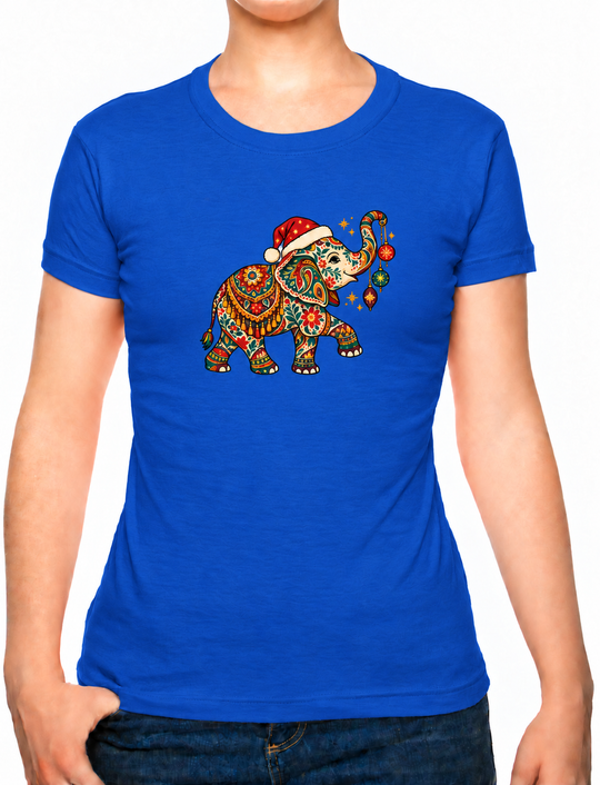 Bohotusk Christmas Elephant & Baubles Cotton Ladies T-Shirt XS - 2XL (UK 8 - 18) available in 7 colours