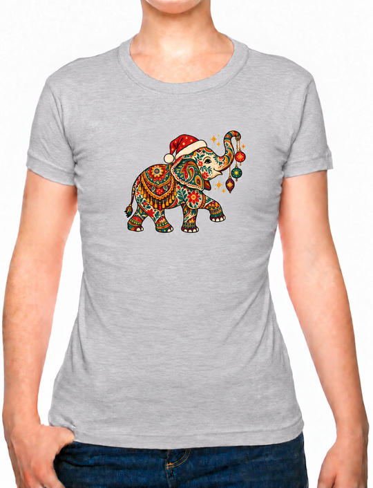 Bohotusk Christmas Elephant & Baubles Cotton Ladies T-Shirt XS - 2XL (UK 8 - 18) available in 7 colours