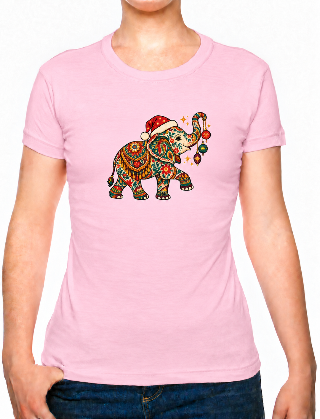 Bohotusk Christmas Elephant & Baubles Cotton Ladies T-Shirt XS - 2XL (UK 8 - 18) available in 7 colours