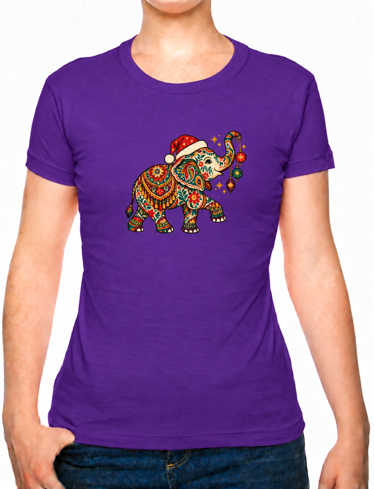 Bohotusk Christmas Elephant & Baubles Cotton Ladies T-Shirt XS - 2XL (UK 8 - 18) available in 7 colours