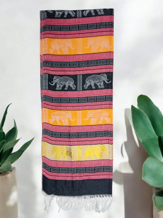 Bohotusk Black Red Gold Elephant Stripe Print Silk Cotton Pashmina 200 x 75cm
