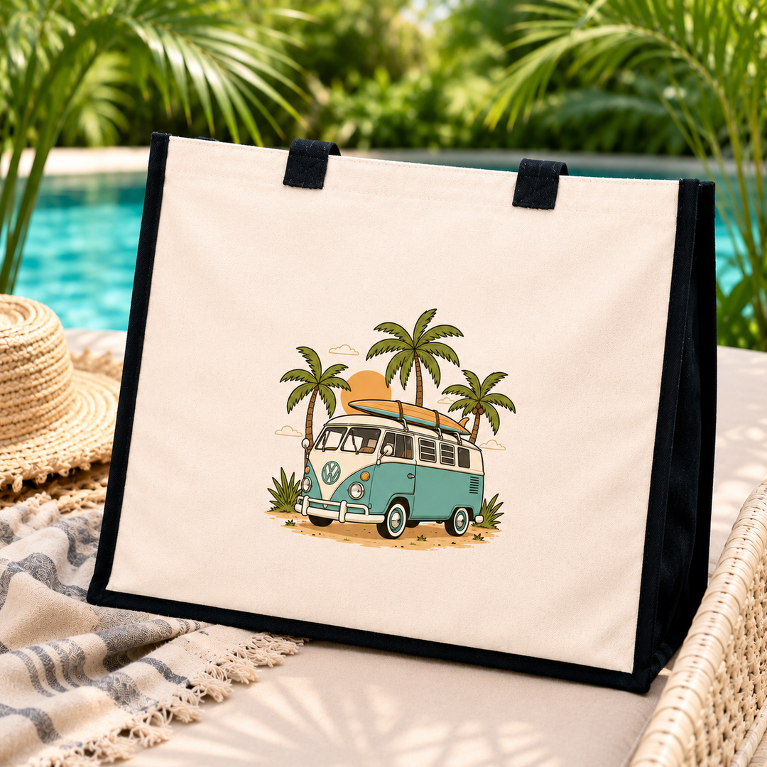 Camper Van Palm Trees Jute Canvas Tote Bag