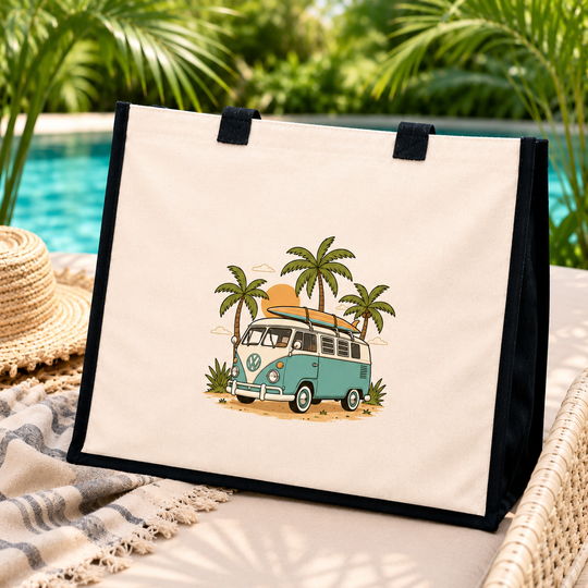 Camper Van Palm Trees Jute Canvas Tote Bag