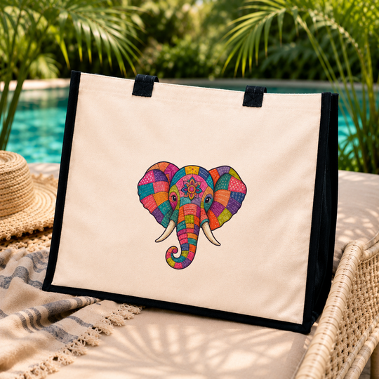 Patchwork Elephant Jute Canvas Tote Bag