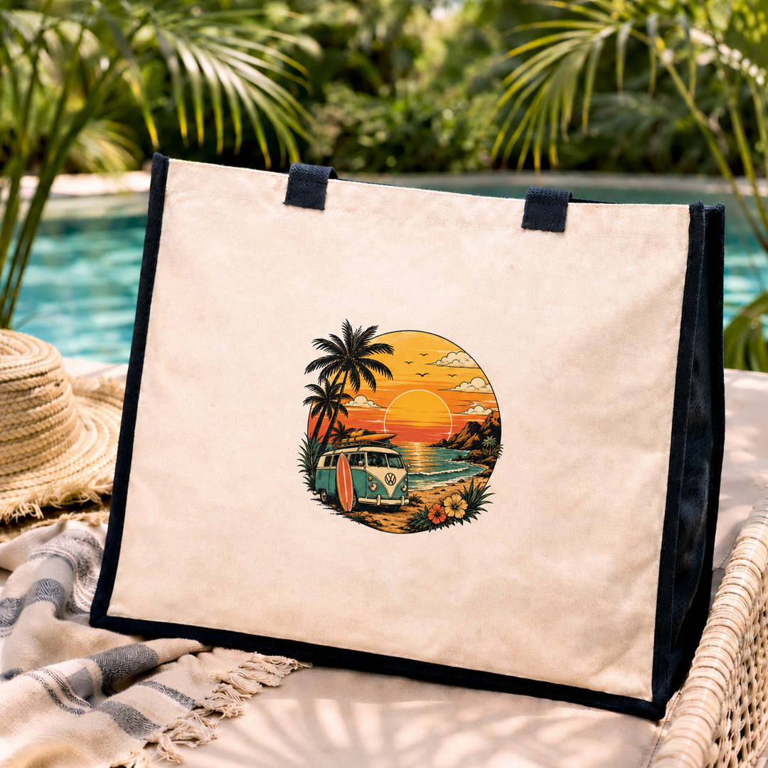 Camper Van Sunset Jute Canvas Tote Bag