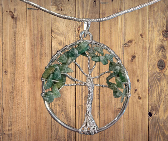 Bohotusk Tree of Life Round Pendant Necklace Green Coloured Stones