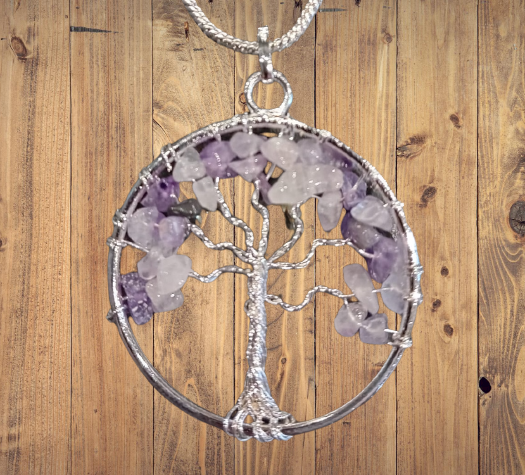 Bohotusk Tree of Life Round Pendant Necklace Lavender Coloured Stones
