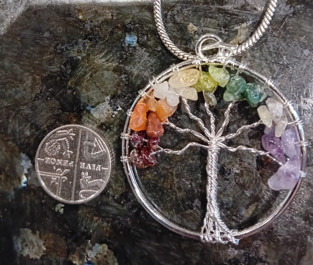 Bohotusk Tree of Life Round Pendant Necklace Multi Coloured Stones