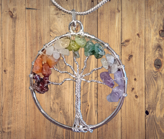 Bohotusk Tree of Life Round Pendant Necklace Multi Coloured Stones