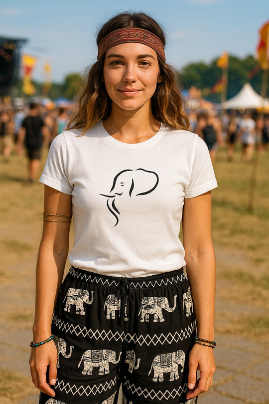 Bohotusk Elephant Head White Cotton Ladies T-Shirt XS - 2XL (UK 6 - 18)