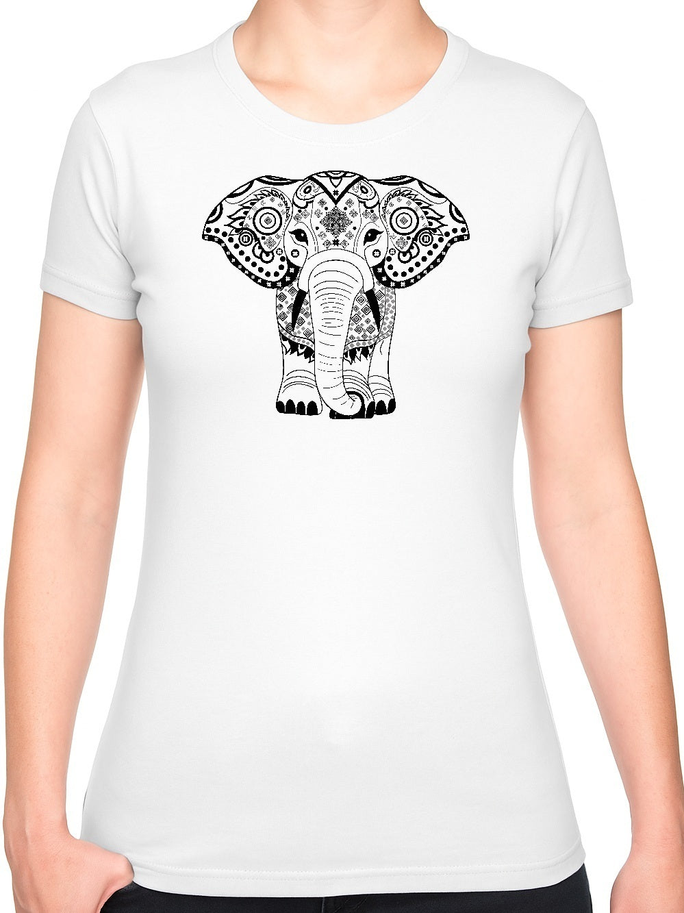 Bohotusk Elephant Print White Cotton Ladies T-Shirt XS - 2XL (UK 6 - 18)