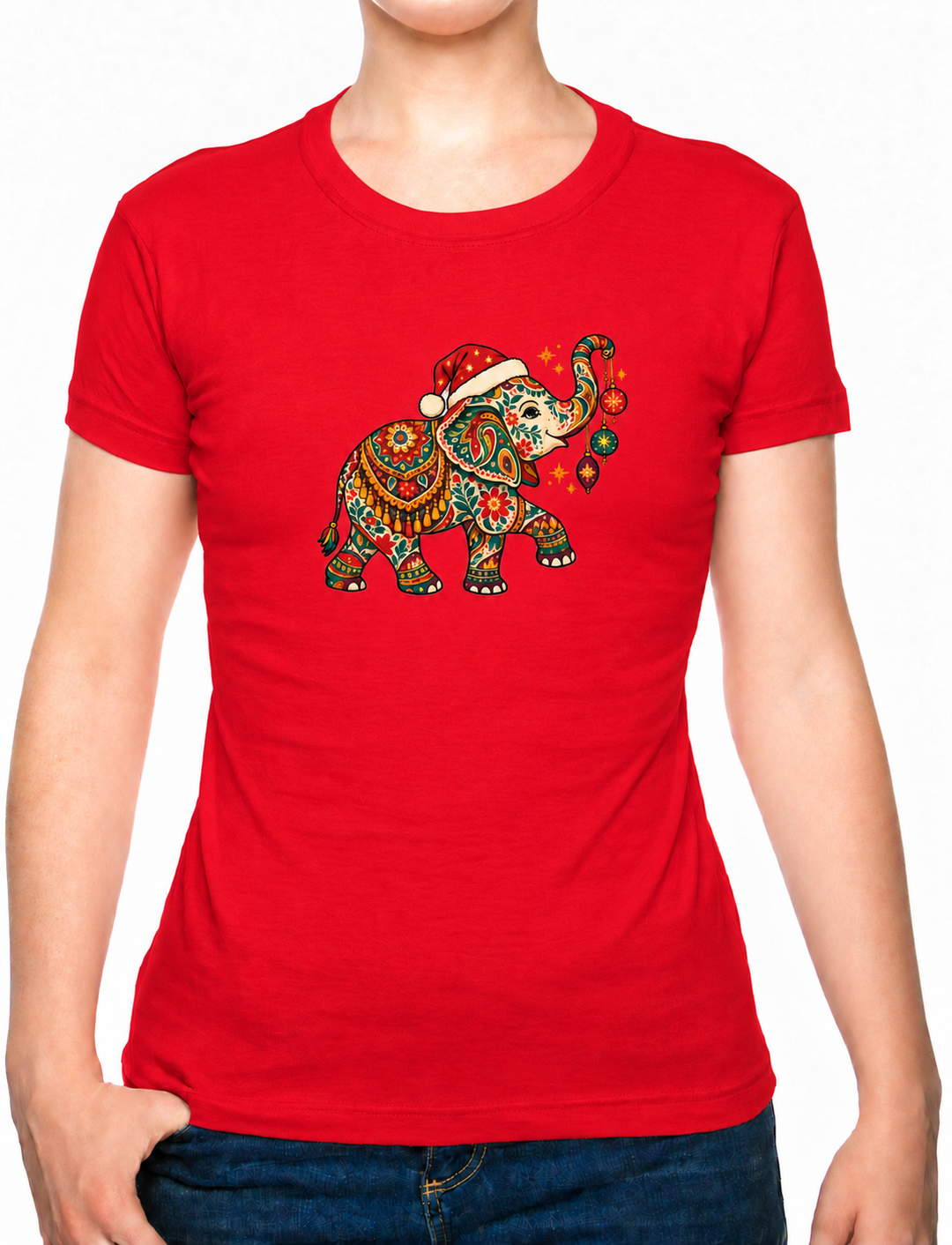 Bohotusk Christmas Elephant & Baubles Cotton Ladies T-Shirt XS - 2XL (UK 8 - 18) available in 7 colours