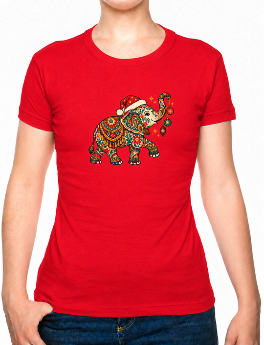 Bohotusk Christmas Elephant & Baubles Cotton Ladies T-Shirt XS - 2XL (UK 8 - 18) available in 7 colours