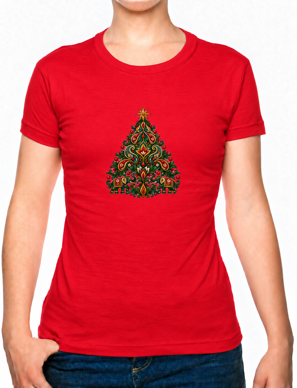 Bohotusk Christmas Elephant Tree Cotton Ladies T-Shirt XS - 2XL (UK 8 - 18) available in 7 colours