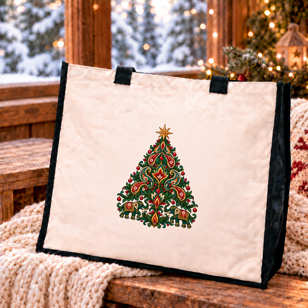 Christmas Elephant Tree Jute Canvas Tote Bag