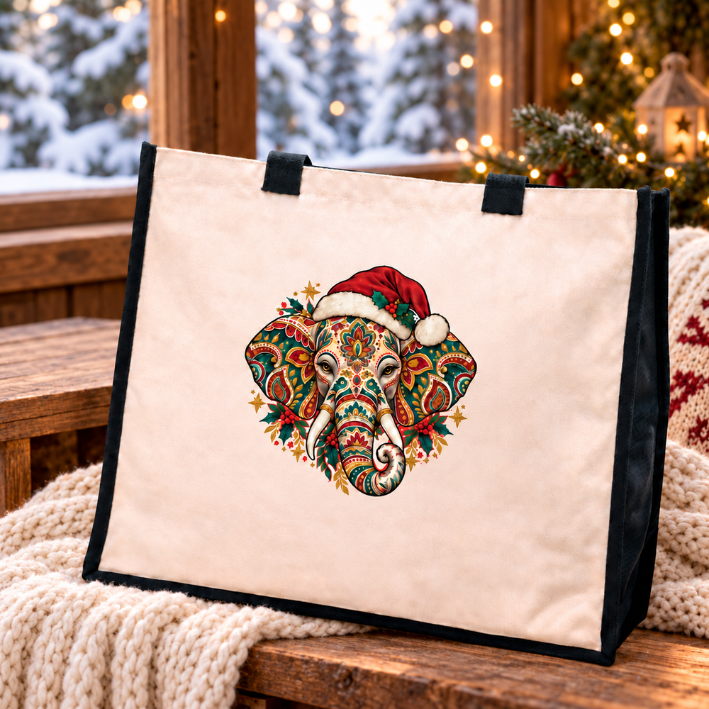 Christmas Elephant Jute Canvas Tote Bag