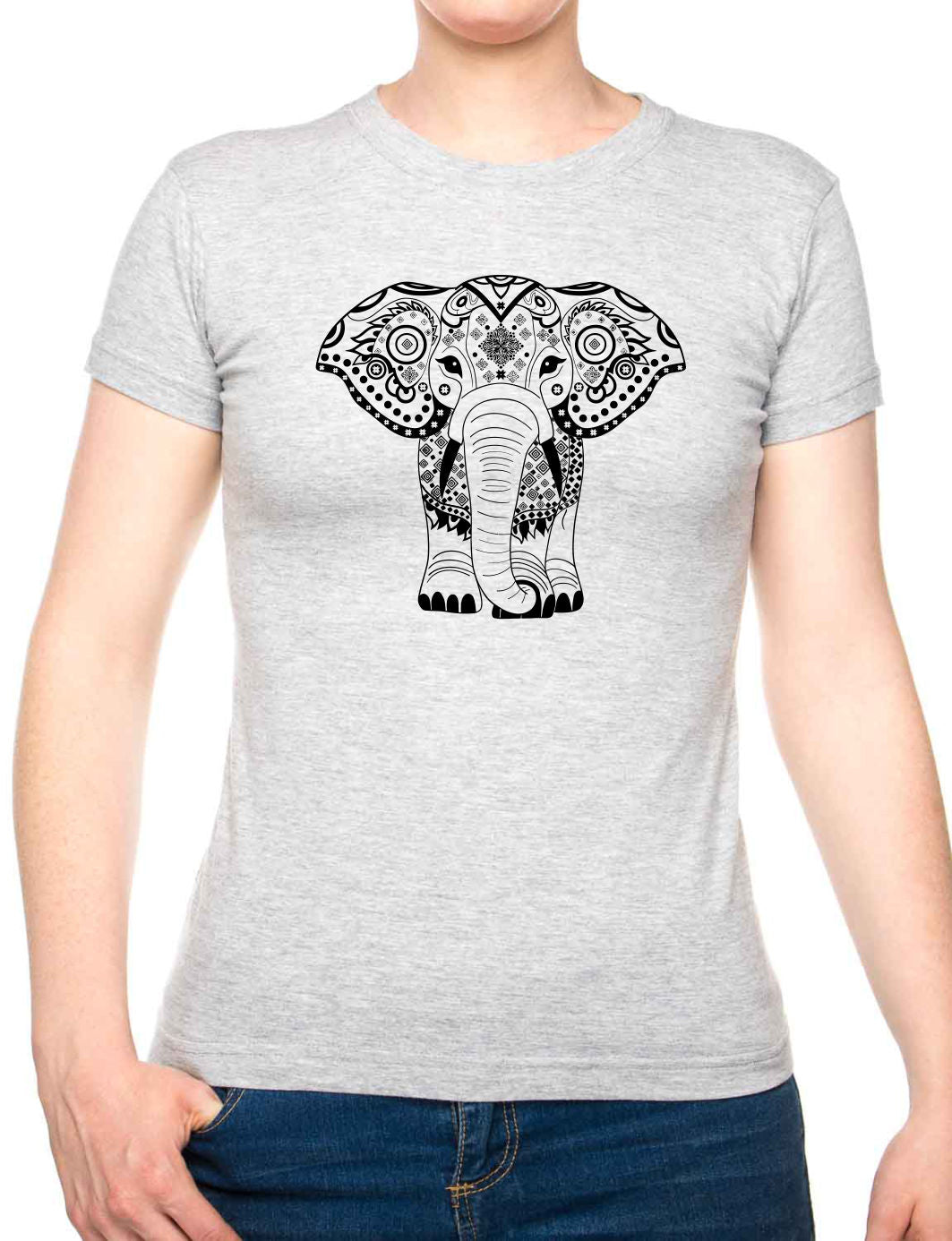 Bohotusk Elephant Print Cotton Ladies T-Shirt S - 2XL (UK 8 - 18) - available in 7 sizes.