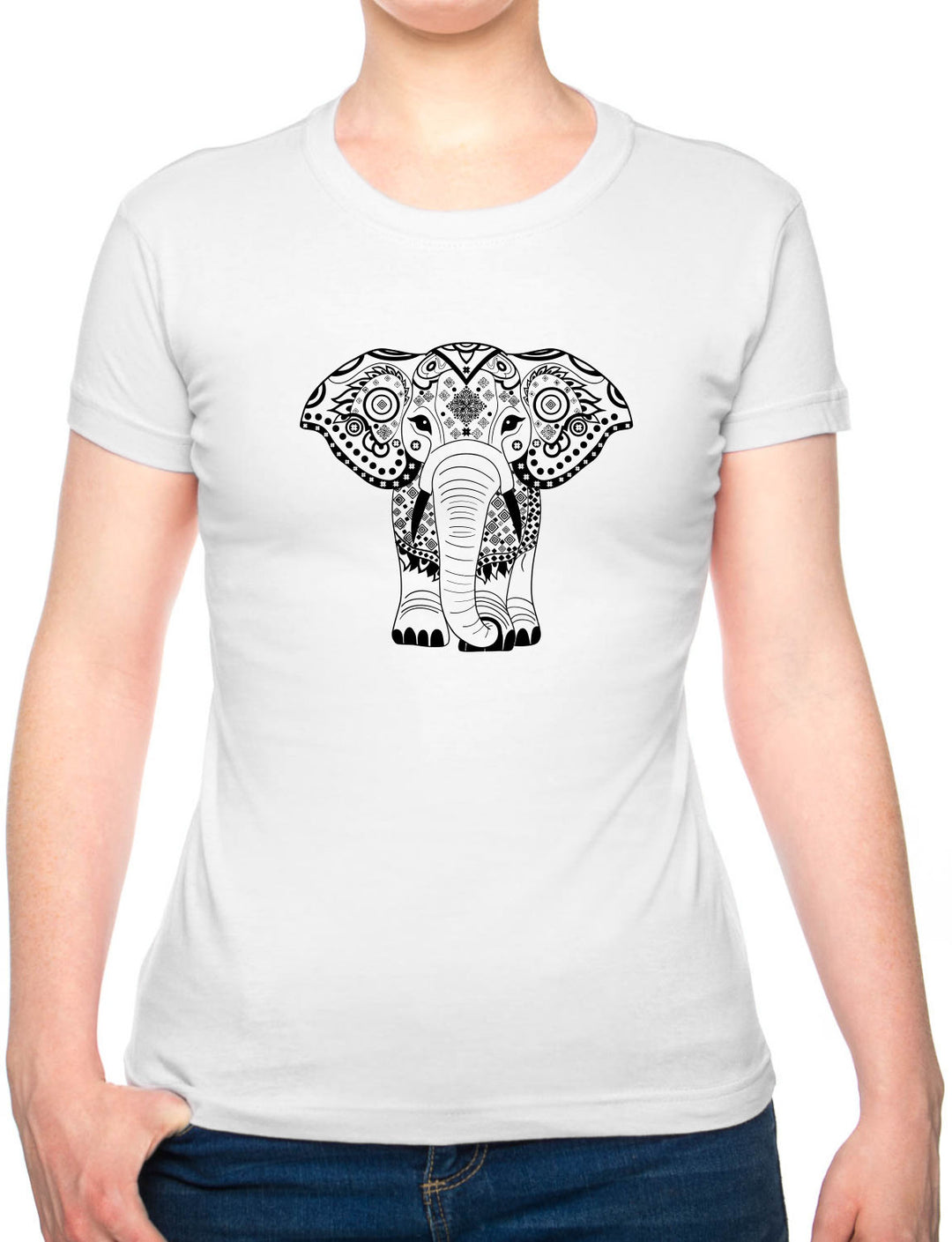 Bohotusk Elephant Print Cotton Ladies T-Shirt S - 2XL (UK 8 - 18) - available in 7 sizes.