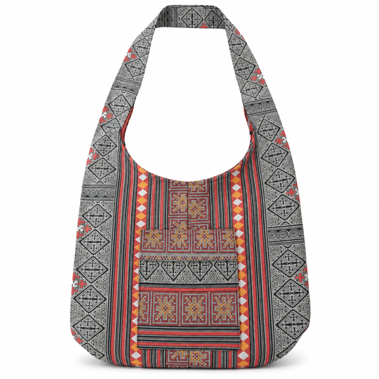 Bohotusk Grey Red Cross Stripe Cotton Canvas Sling Shoulder Bag