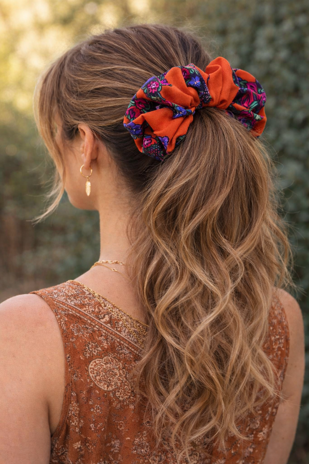 Orange Floral Hair Scrunchie Ties