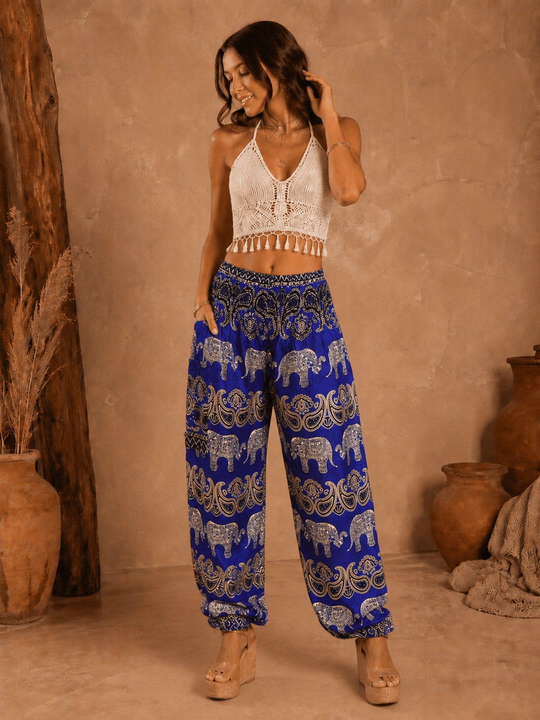 Bohotusk Blue Elephant Grassland Print Elasticated Smocked Waist Womens Harem Pants S/M to 3XL