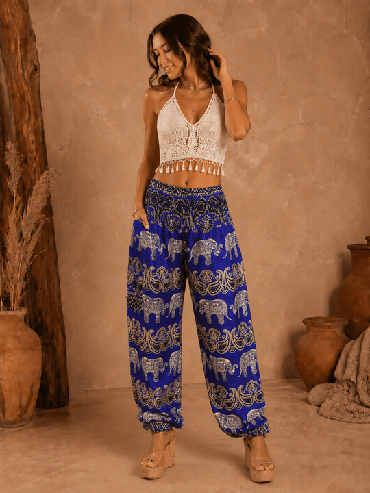 Bohotusk Blue Elephant Grassland Print Elasticated Smocked Waist Womens Harem Pants S/M to 3XL