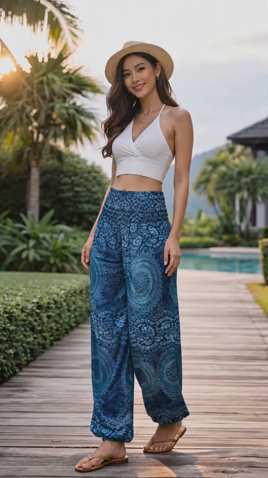 Bohotusk Black Night Glow Print Elasticated Smocked Waist Womens Harem Pants
