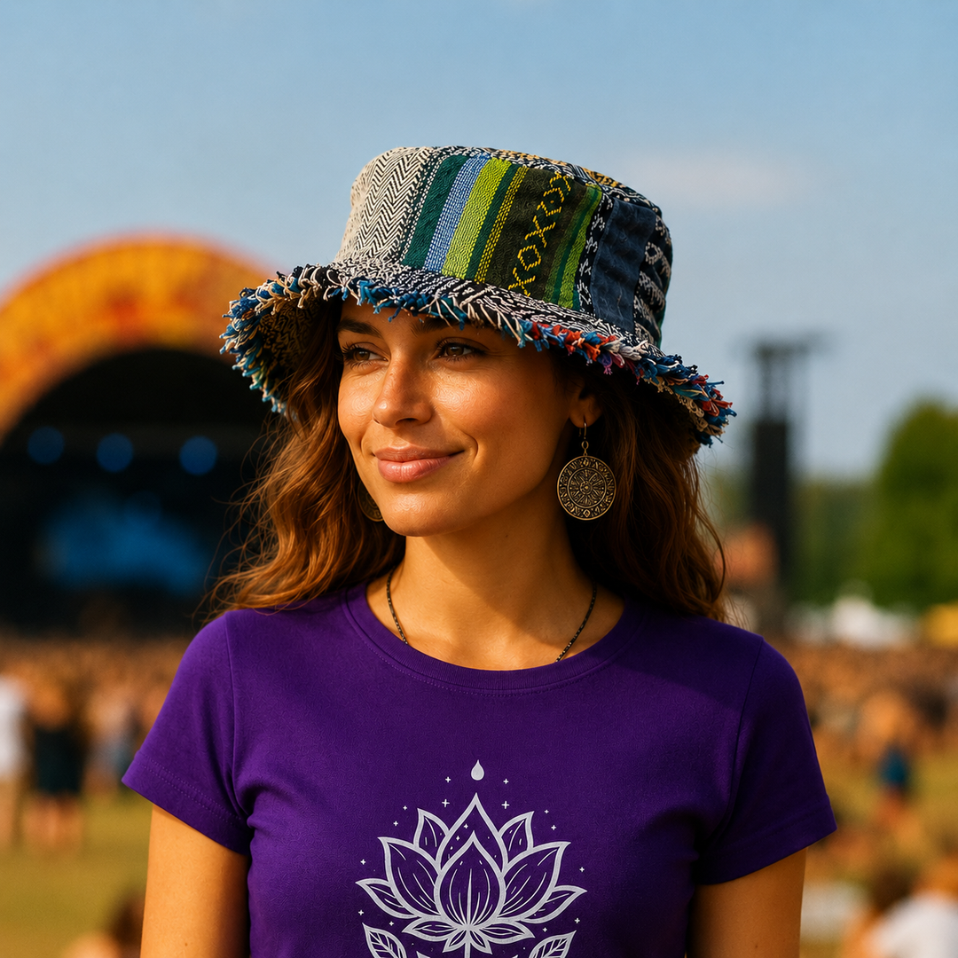 Boho Hemp Patchwork Wide Brim Festival Hat