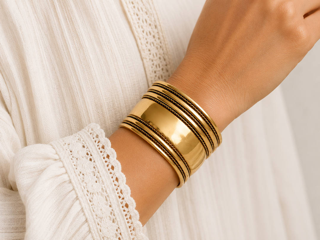 Bohotusk Layered Adjustable Smooth Ribbed Brass Bangle Bracelet