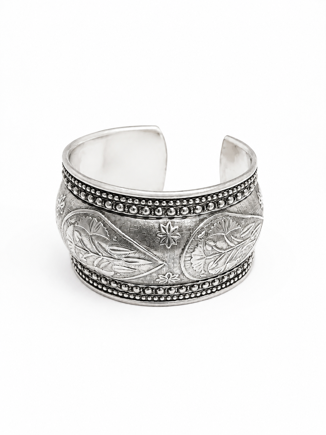 Bohotusk Layered Adjustable Fern Leaf Oxidised Silver Bangle Bracelet