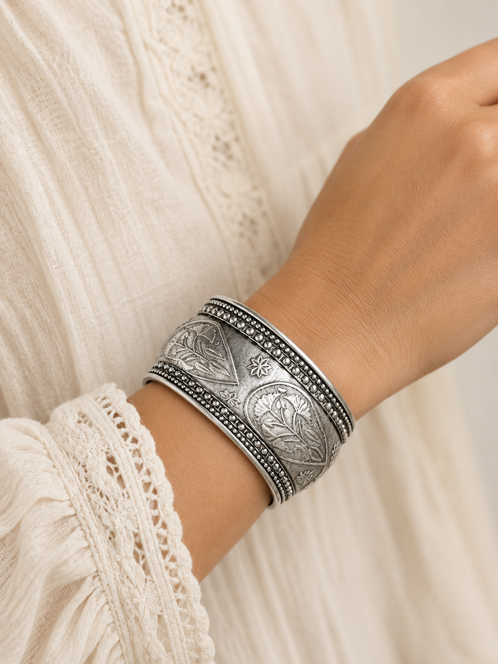 Bohotusk Layered Adjustable Fern Leaf Oxidised Silver Bangle Bracelet