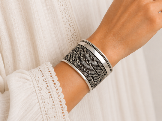 Bohotusk Adjustable Tight Waves Oxidised Silver Bangle Bracelet