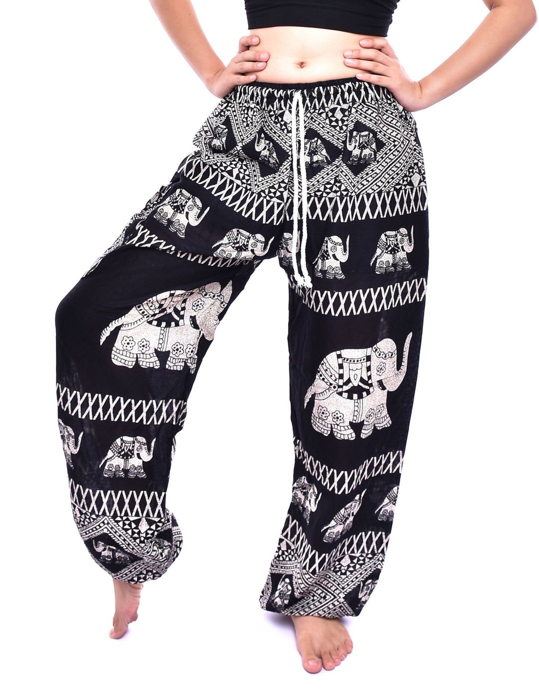 Bohotusk Girls Black Elephant Bull Drawstring Waist Harem Pants (6 - 8 Years)