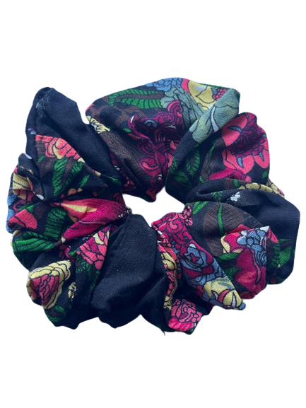 Black Floral Print Hair Scrunchie Ties