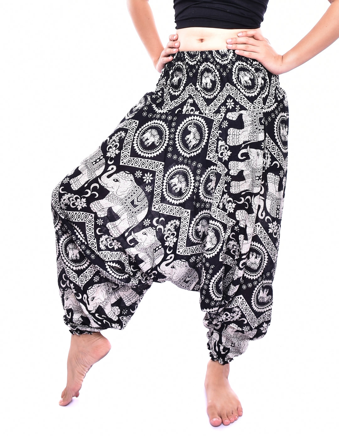 Bohotusk Black Elephant Print Low Crotch Harem Pants Womens Elasticated Smocked Waist S/M