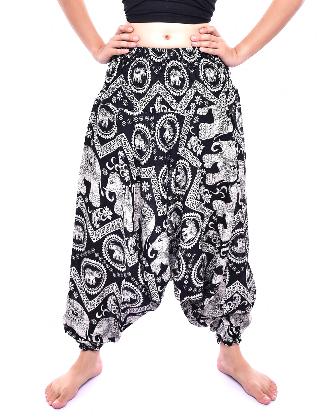 Bohotusk Black Elephant Print Low Crotch Harem Pants Womens Elasticated Smocked Waist S/M