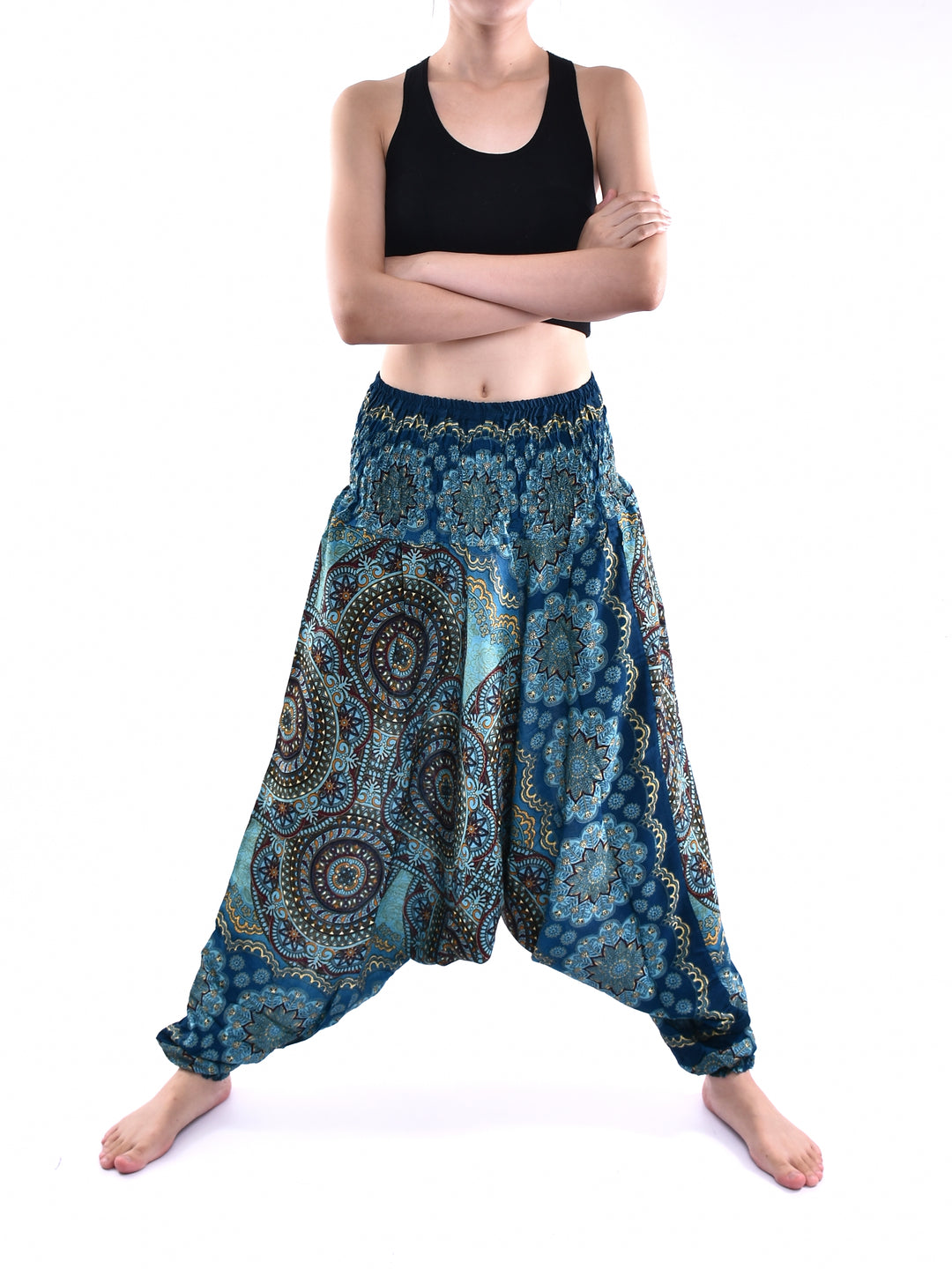 Bohotusk Blue Solar Circle Low Crotch Harem Pants Womens Elasticated Smocked Waist S/M