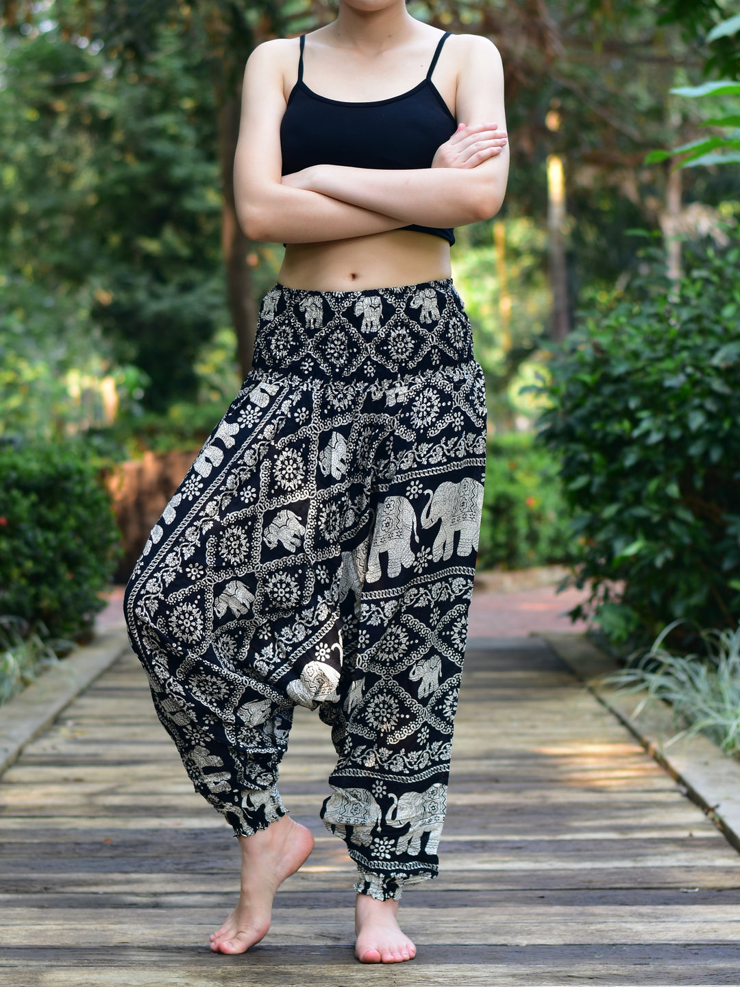 Bohotusk Black Elephant Plain Low Crotch Harem Pants Womens Elasticated Smocked Waist S/M to LXL