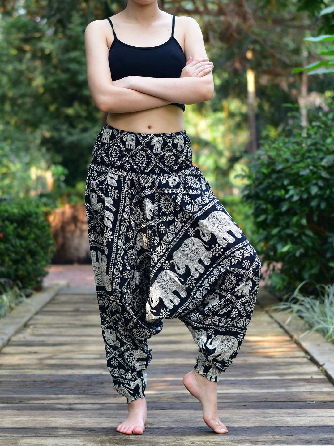 Bohotusk Black Elephant Plain Low Crotch Harem Pants Womens Elasticated Smocked Waist S/M to LXL