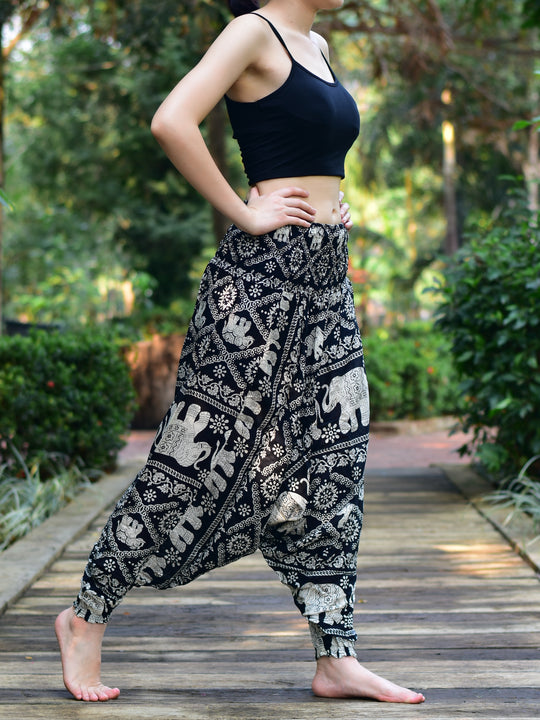Bohotusk Black Elephant Plain Low Crotch Harem Pants Womens Elasticated Smocked Waist S/M to LXL