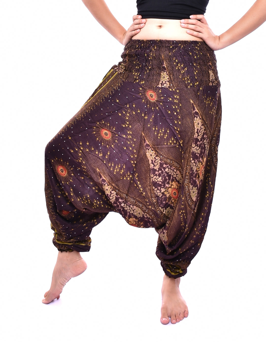 Bohotusk Brown Moonshine Low Crotch Harem Pants Womens Elasticated Smocked Waist S/M