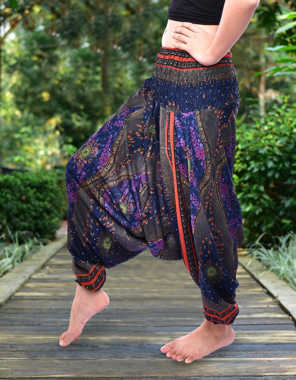 Bohotusk Blue Moonshine Low Crotch Harem Pants Womens Elasticated Smocked Waist S/M