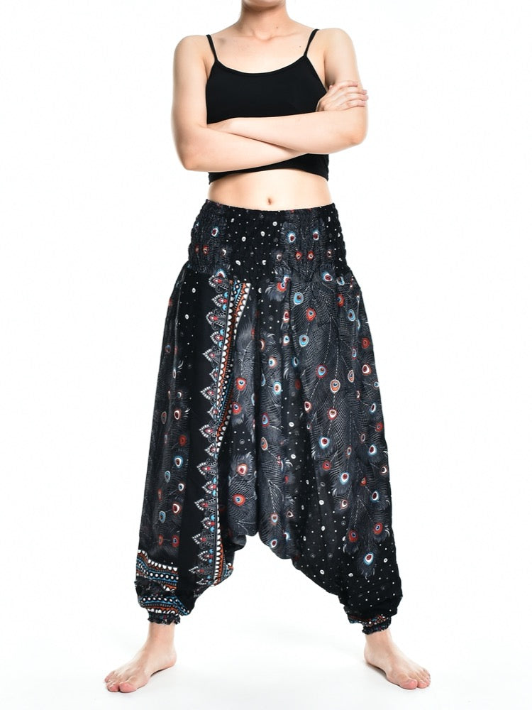 Bohotusk Black Peacock Print Low Crotch Harem Pants Womens Elasticated Smocked Waist S/M